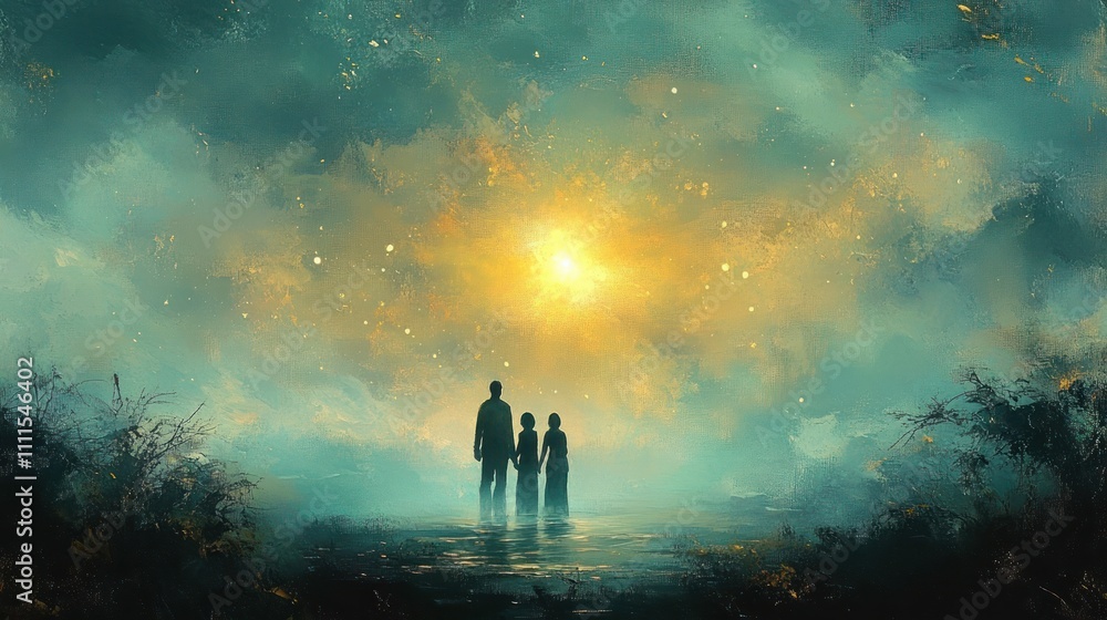 Fototapeta premium Nativity Scene with Holy Family Mary Joseph and Jesus Christ under Glowing Star in Soft Pastel Impressionism