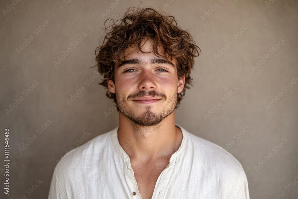 Man with curly hair in white shirt, playing guitar in front of campfire surrounded by friends, under starry sky in the forest. Man with curly hair in white shirt, playing guitar in front of campfire surrounded by friends, under starry sky in the forest.