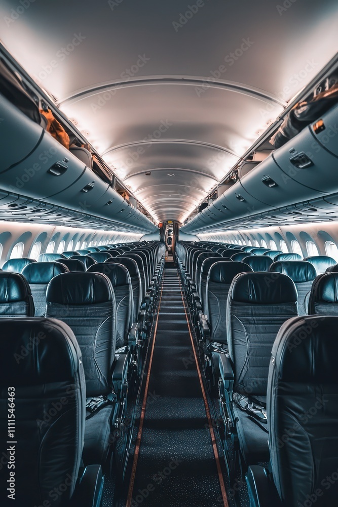 Fototapeta premium Spacious airplane cabin with rows of empty slate gray seats, creating a tranquil space.