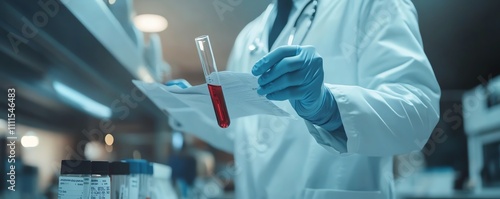 A doctor holding a test tube with red liquid and medical reports, symbolizing medical tests, health care, and medical technology in a clinical setting photo