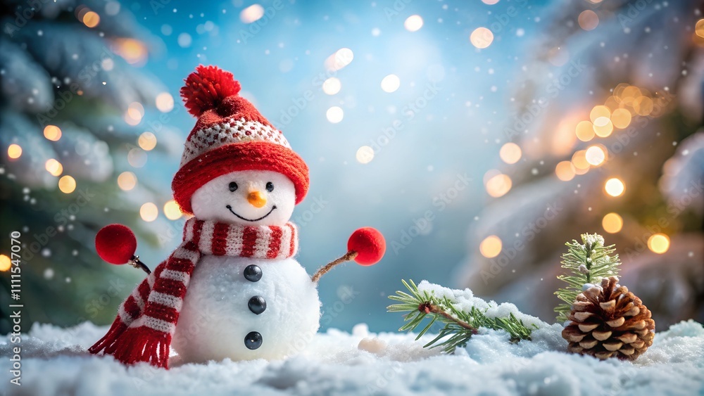 Snowman wearing a Santa hat and red scarf. standing on a pile of snow with a winter and christmas decorative background Snowman wearing a Santa hat and red scarf. standing on a pile of snow with a winter and christmas decorative background