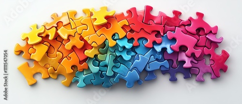 Brightly colored brain puzzle pieces, some scattered and others connecting, symbolizing the difficulties and complexities of dyspraxia photo