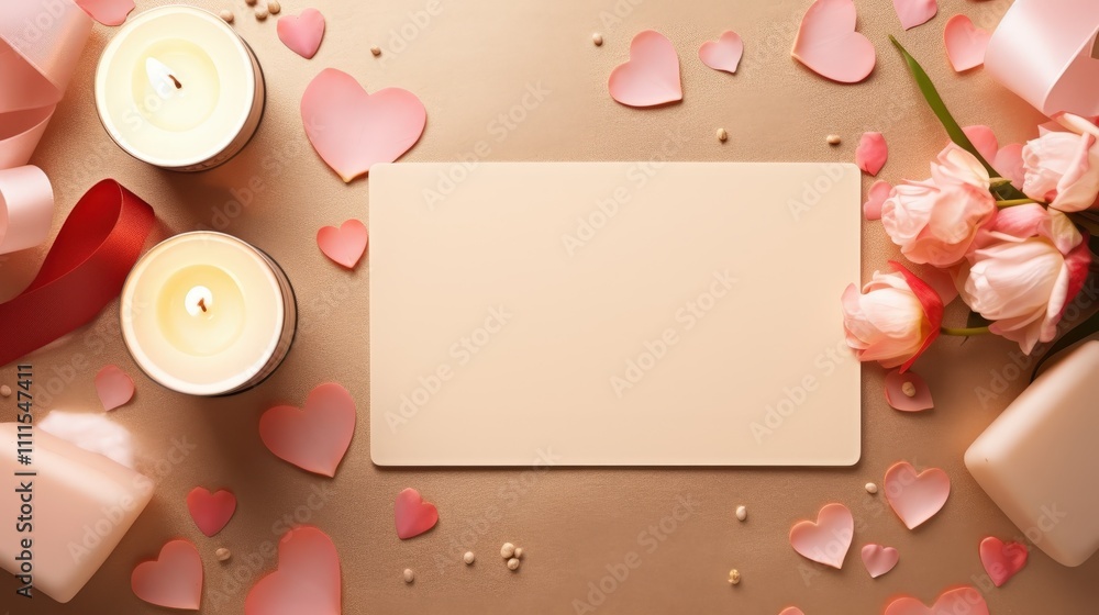 Romantic flat lay composition featuring candles, flower petals, hearts, and a blank card for love letters on a soft background for Valentine's Day Romantic flat lay composition featuring candles, flower petals, hearts, and a blank card for love letters on a soft background for Valentine's Day