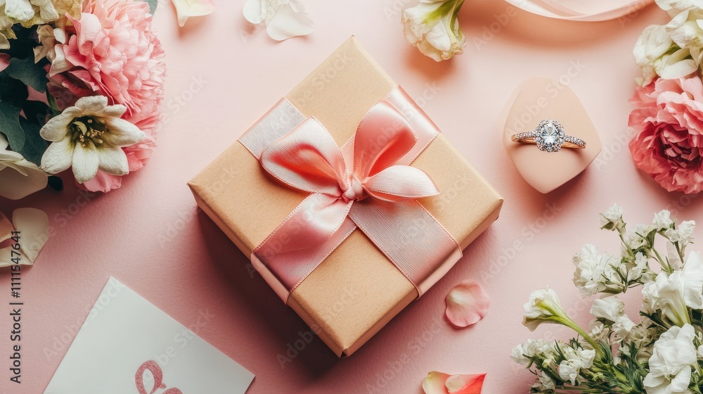 Elegant Gift Box Surrounded by Fresh Flowers and Engagement Ring in Romantic Setting for Special Occasions Elegant Gift Box Surrounded by Fresh Flowers and Engagement Ring in Romantic Setting for Special Occasions