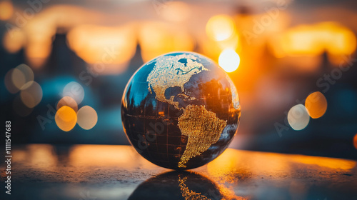 Sunset reflection on a globe symbolizing global unity and environmental awareness