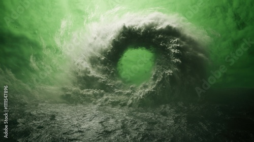 Dramatic Green Ocean Wave Formation with Swirling Clouds and Eerie Atmosphere Capturing the Power of Nature in a Surreal Landscape photo