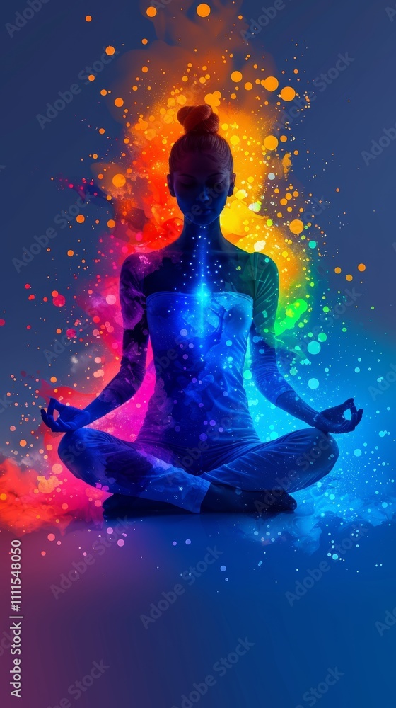Human silhouette meditating with colorful energy representation at night Human silhouette meditating with colorful energy representation at night