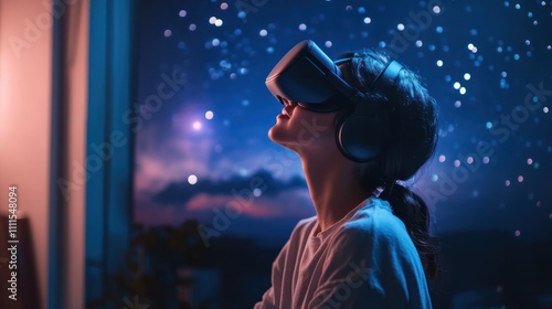 Biometric relaxation devices, person under starry sky using feedback tools