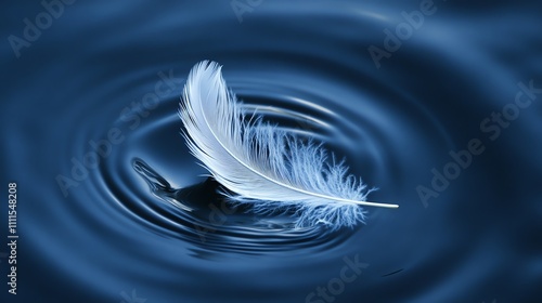 A single white feather floating on blue water with ripples.
