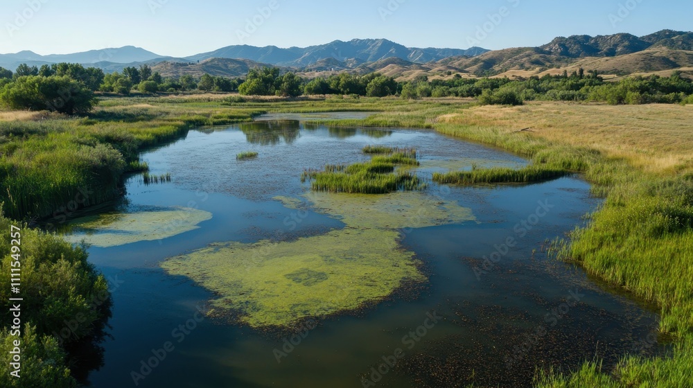 Serene Wetlands with Green Vegetation and Mountains Serene Wetlands with Green Vegetation and Mountains