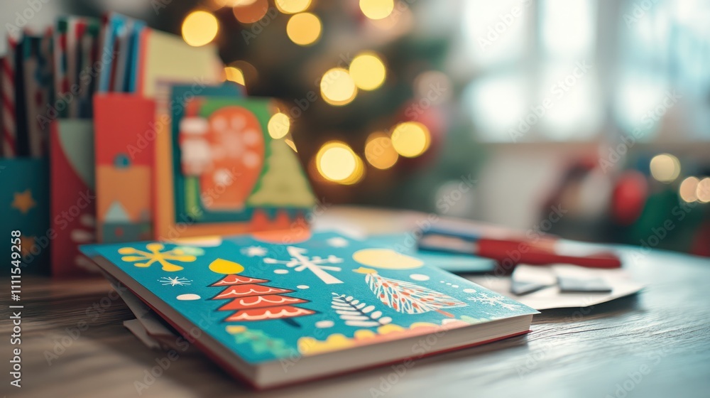 Fototapeta premium Colorful holiday card design on a table, holiday theme in the background