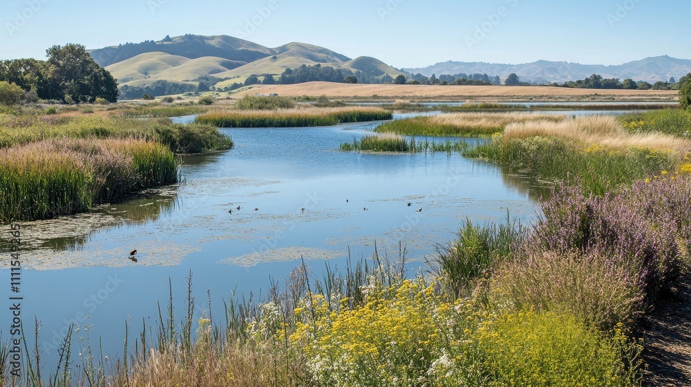 Serene River Landscape with Lush Greenery and Hills Serene River Landscape with Lush Greenery and Hills
