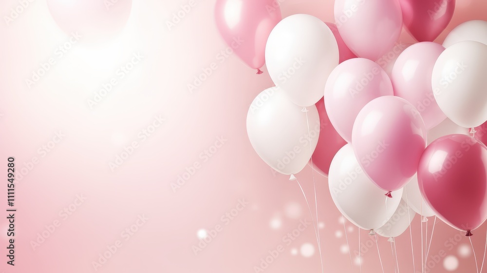 Group of festive pink and white balloons floating against a soft pink background with gentle bokeh highlights, ideal for celebrations and events Group of festive pink and white balloons floating against a soft pink background with gentle bokeh highlights, ideal for celebrations and events
