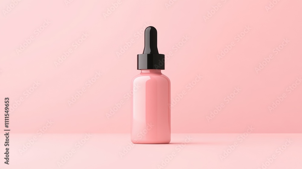 A pink dropper bottle with a black cap, set against a soft pink background. A pink dropper bottle with a black cap, set against a soft pink background.