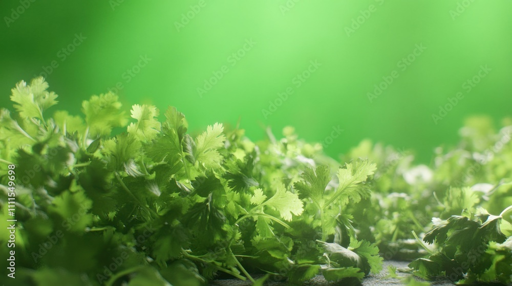 Fresh cilantro leaves spread across a rustic surface with a vibrant green background, showcasing the herb's texture and color for culinary or gardening themes. Fresh cilantro leaves spread across a rustic surface with a vibrant green background, showcasing the herb's texture and color for culinary or gardening themes.