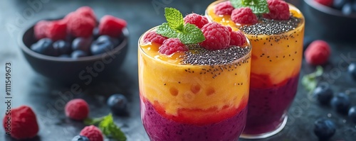 Rainbowcolored smoothies with tropical fruits, chia seeds, and mint leaves, exuding health and fast foodbased weight management photo