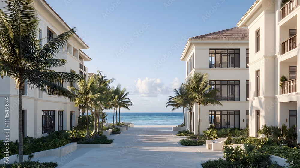 Fototapeta premium Serene exterior view of an exclusive oceanfront resort featuring elegant architecture, palm trees, and breathtaking ocean scenery under a clear blue sky