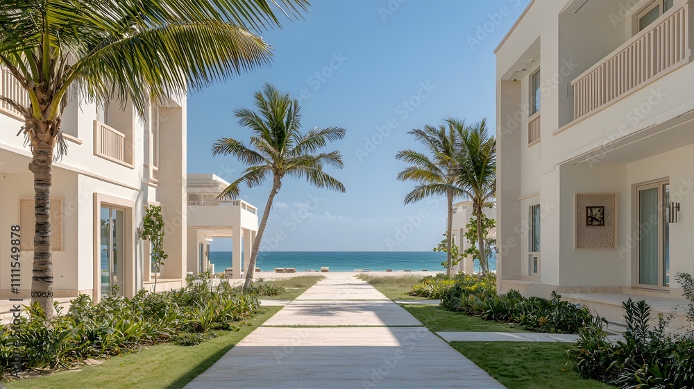 Serene Oceanfront Resort with Lush Landscaping and Palm Trees Leading to Pristine Beach, Perfect for Relaxation and Vacation Getaways in Tropical Paradise Serene Oceanfront Resort with Lush Landscaping and Palm Trees Leading to Pristine Beach, Perfect for Relaxation and Vacation Getaways in Tropical Paradise