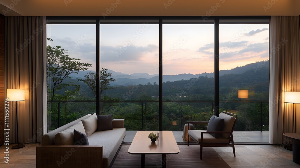 Luxurious Resort Suite Bathed in Golden Light with Scenic Mountain View Through Large Windows at Dusk Luxurious Resort Suite Bathed in Golden Light with Scenic Mountain View Through Large Windows at Dusk