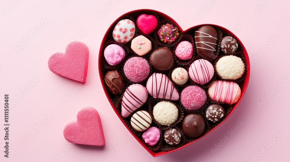 Heart-shaped box filled with assorted chocolates and candies in various colors and designs, displaying pink, white, and dark chocolate treats Heart-shaped box filled with assorted chocolates and candies in various colors and designs, displaying pink, white, and dark chocolate treats