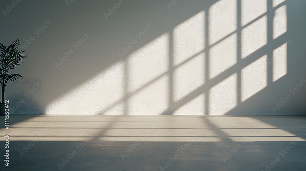 Fototapeta premium High Contrast Photography Setup Room Featuring Dramatic Shadows and Natural Light on a Minimalist Interior Space with a Potted Plant in the Corner