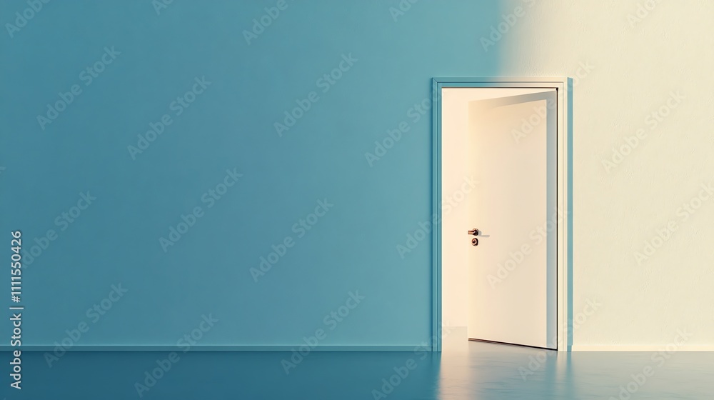 An open door in a blue room, with a window on the other side. An open door in a blue room, with a window on the other side.