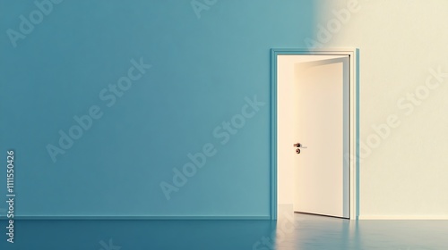 An open door in a blue room  with a window on the other side.