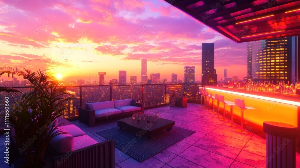 Fototapeta premium Stunning Rooftop Lounge with Colorful Sunset Over City Skyline, Modern Furniture and Illuminated Bar on High Rise Building, Perfect for Relaxation and Socializing