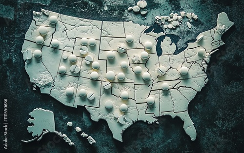 A crumbling American map with opioid pills scattered across the states, highlighting the widespread opioid epidemic and its devastating effects on the nation