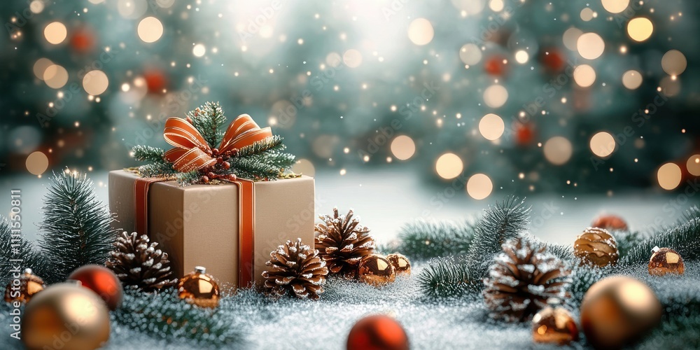 Cozy Christmas Scene with Gift and Ornaments in Warm Light Bokeh Background for Holiday Celebration Cozy Christmas Scene with Gift and Ornaments in Warm Light Bokeh Background for Holiday Celebration