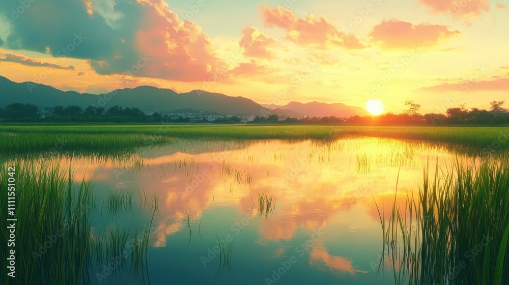 Serene Sunset Over Tranquil Rice Fields with Reflections of Mountains and Vibrant Sky Colors in a Peaceful Rural Landscape Serene Sunset Over Tranquil Rice Fields with Reflections of Mountains and Vibrant Sky Colors in a Peaceful Rural Landscape