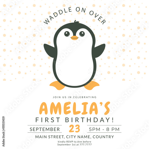 Greeting and invitation for kids first Birthday party. Cute baby animal penguin in flat childrens style. Vector illustration, design for card, poster, event, prints