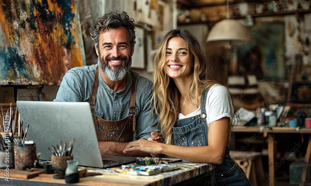 Two smiling artists in a studio with a laptop and art supplies. Two smiling artists in a studio with a laptop and art supplies.