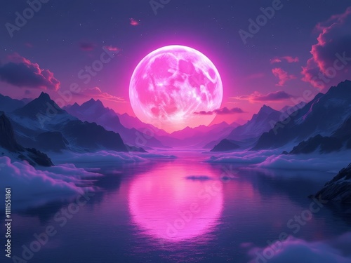 Pink moon's light on still, tranquil lake.