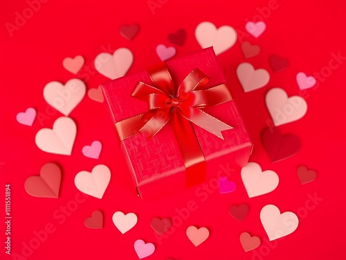 Valentine's Day Gift: Red Present Surrounded by Paper Hearts AI Generated