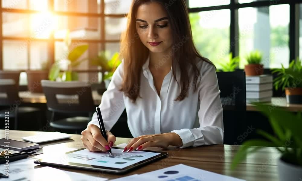 Businesswoman Analyzing Data on Digital Tablet in Modern Office Businesswoman Analyzing Data on Digital Tablet in Modern Office