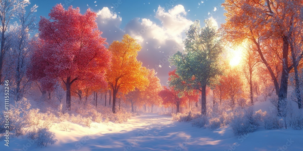 Whimsical Winter Landscape with Colorful Trees in Snow and Magical Atmosphere Whimsical Winter Landscape with Colorful Trees in Snow and Magical Atmosphere