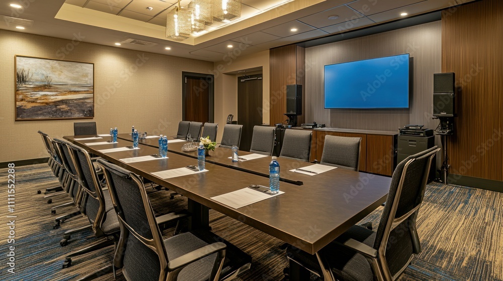 Modern Conference Room with Long Table, Chairs, Water Bottles and Wall Screen, Ideal for Business Meetings, Presentations and Corporate Events Modern Conference Room with Long Table, Chairs, Water Bottles and Wall Screen, Ideal for Business Meetings, Presentations and Corporate Events