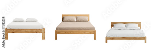 Minimalist serenity furniture interior design, Three stylish wooden beds displayed, showcasing different designs and bedding styles.