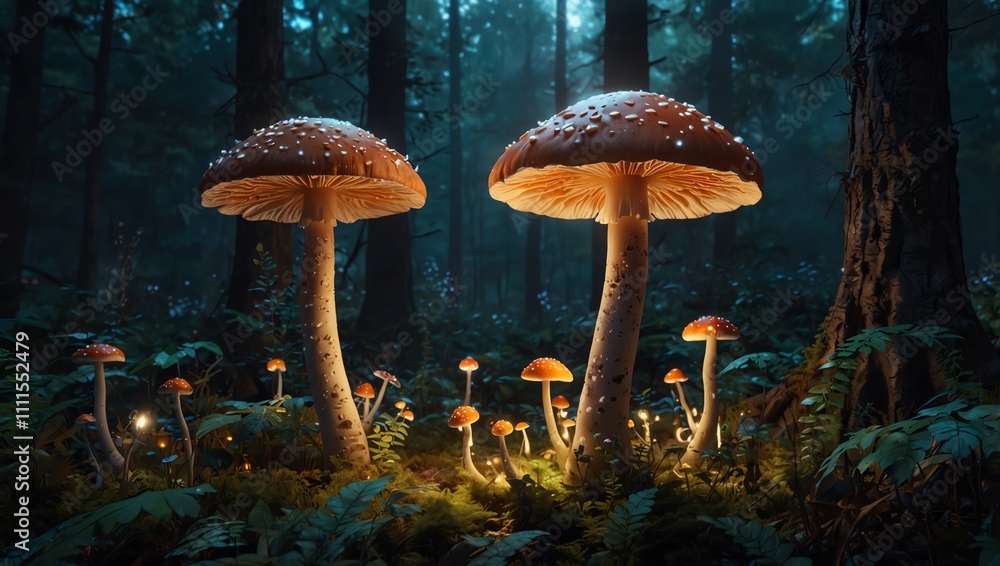 Fototapeta premium fly agaric mushroom , A dark forest path, glowing mushrooms light the way. Many mushrooms are visible.