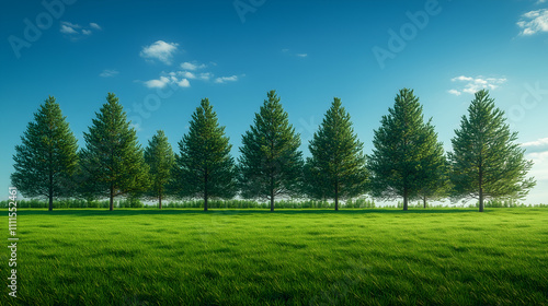 row of pine trees on a grassy field, with a blue sky background.