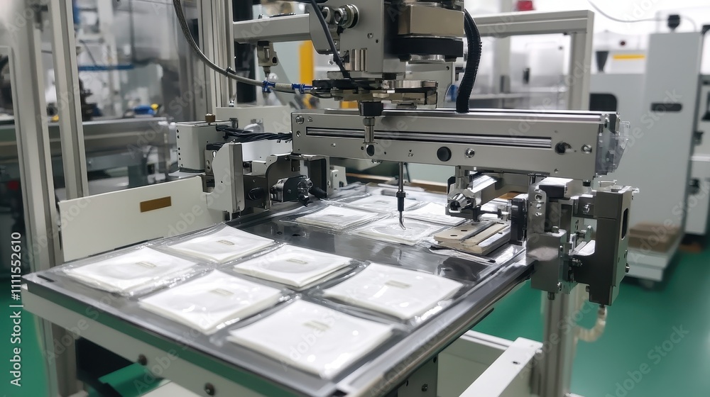 Automated machinery in modern manufacturing facility Automated machinery in modern manufacturing facility