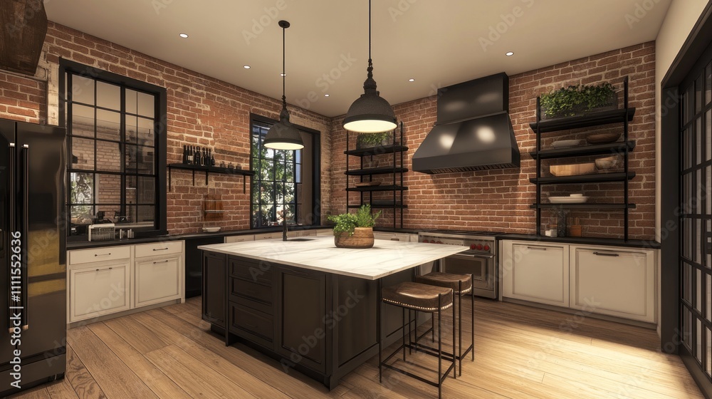 Modern rustic kitchen interior showcasing exposed brick walls, sleek cabinetry, stylish bar stools, and abundant natural light in an inviting atmosphere Modern rustic kitchen interior showcasing exposed brick walls, sleek cabinetry, stylish bar stools, and abundant natural light in an inviting atmosphere