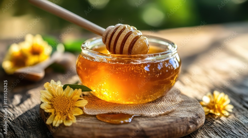 Fresh Honey with Wooden Stick and Flowers in Sunlight Fresh Honey with Wooden Stick and Flowers in Sunlight