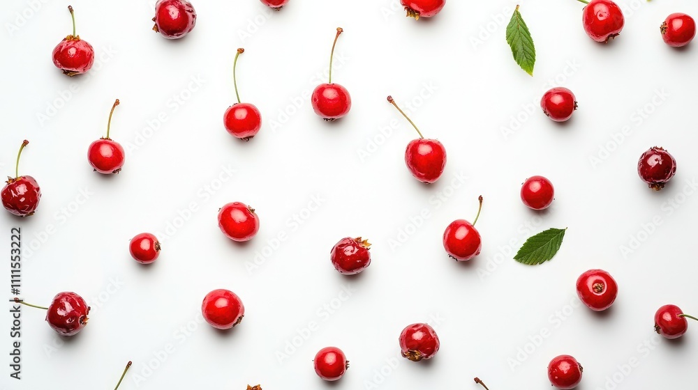 A scattered arrangement of red cherries and green leaves on a white surface. A scattered arrangement of red cherries and green leaves on a white surface.