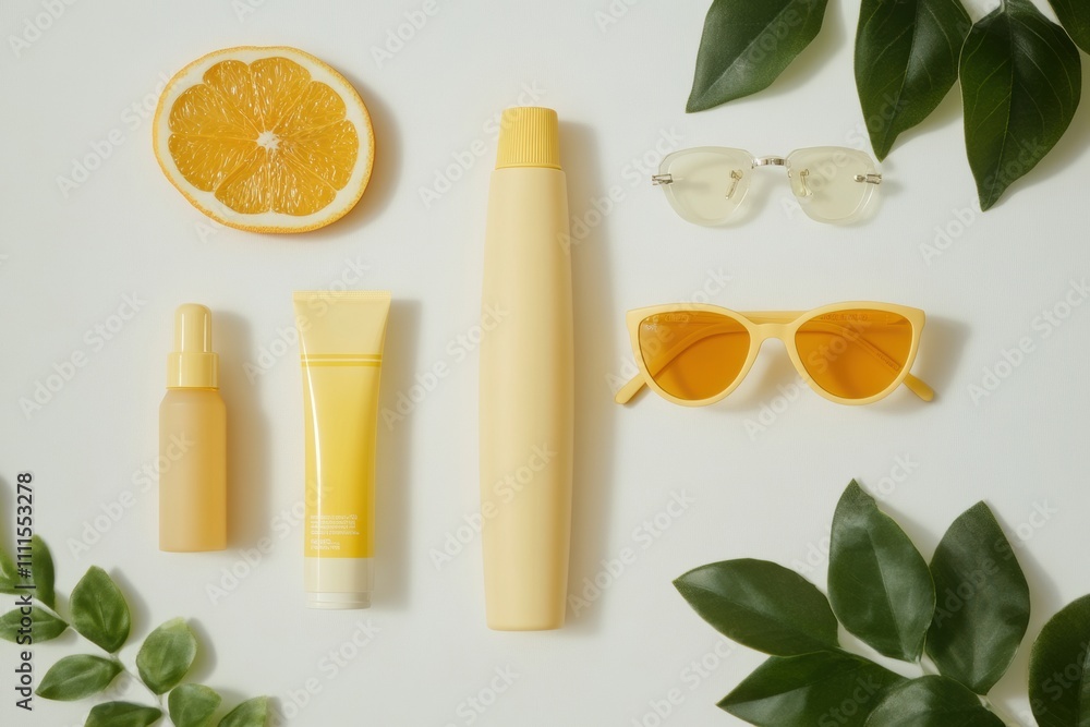 Bright summer accessories featuring yellow sunglasses and sunscreen laid out on a white background with a slice of orange and green leaves. Generative AI Bright summer accessories featuring yellow sunglasses and sunscreen laid out on a white background with a slice of orange and green leaves. Generative AI