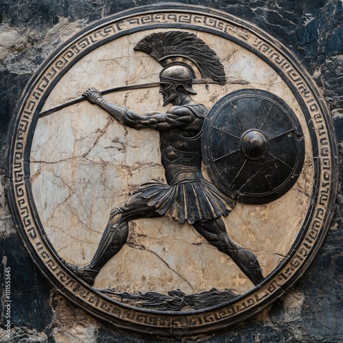 A marble bas relief depicting a hoplite  a heavily armed Greek warrior  in dynamic action.