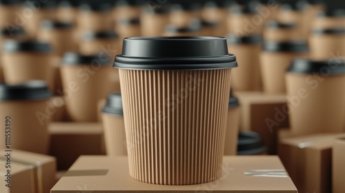 Close-up of sustainable brown coffee cups showcasing eco-friendly packaging, ideal for modern businesses embracing green consumer practices photo