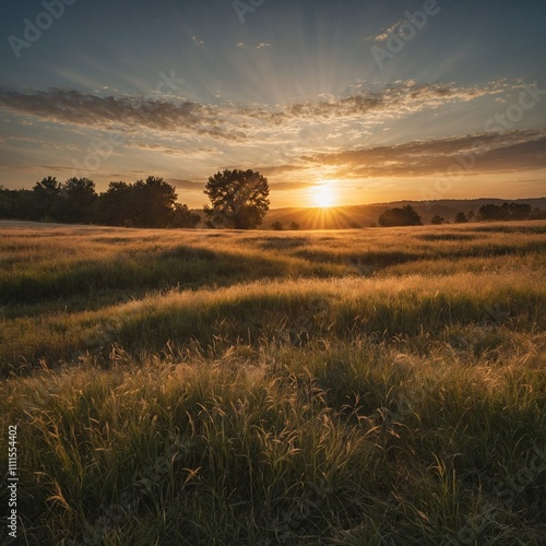 A peaceful sunrise scene with a soft glowing sun and streaks of warm light, on a white background.