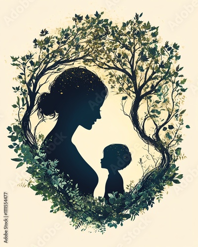 A mother and child silhouette surrounded by a growing tree, symbolizing the natural bond, growth, and deeprooted connection between family and nature photo